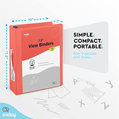 3 Ring Binder 1.5 Inch Red, 1 ½ inch Binder Clear View Cover with 2 Inside Pockets, Colored School Supplies Office and Home – by Enday