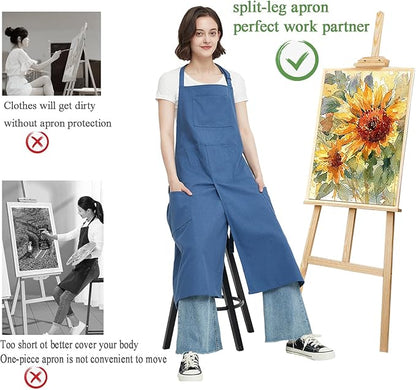 Pottery Apron with Split Leg, Long Unisex Artist Aprons with 3 Pockets for Ceramics & Clay