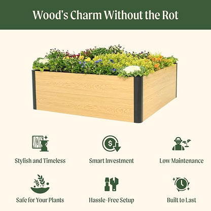 Vego garden Woodgrain Series Raised Garden Bed, 16'' Tall 4' x 4' Wooden-Look Metal Planter Box Outdoor for Gardening Vegetables Flowers Herbs
