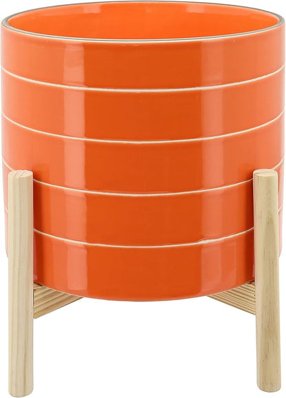 Striped Ceramic Planters with Wooden Stand as Home Decor - Flower Pots for Entryway, Patio, Tabletop, and Garden - Large Colorful Decorative Pots for Indoor and Outdoor Plants - 14", Orange & Tan