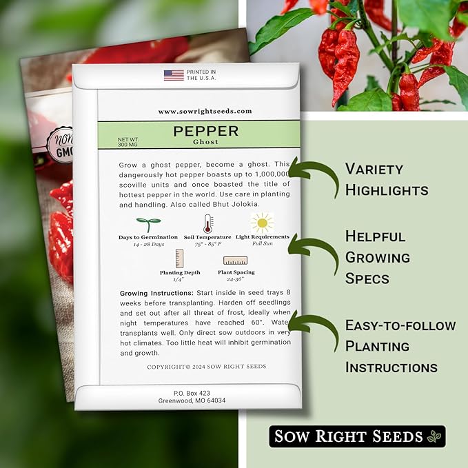Sow Right Seeds - Ghost Pepper Seeds for Planting - Extra Hot Non-GMO Heirloom Peppers - Ideal for Indoor or Outdoor Gardens - Grow Your Own Hottest Pepper Plants - High Scoville Rating (4)