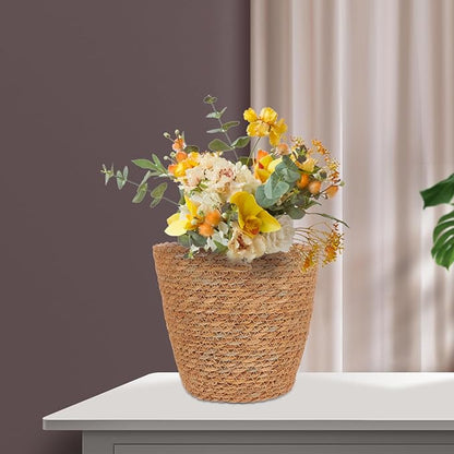 Veemoon 2Pcs Wicker Planter Basket, Rattan Grass Woven Flower Pot Seagrass Planter with Plastic Liner Farmhouse Storage Fruit Bowl Hyacinth Storage Baskets for Plant Flower Fruit Vegetable, 8.65inch H
