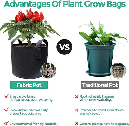 Garden Plant Bags / 6-Pack 5 Gallon Plant Grow Bags - Heavy Duty Thickened Non-Woven Aeration Fabric Pots with Strap Handles(Black) (5 Gallon)