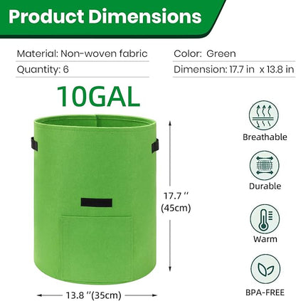 6 Pack Potato Grow Bags, 10 Gallon Planting Bags Large Fabric Pots with Flap Window Vegetable Planter Garden Pot Tall Potato Growing Containers with Handles for Vegetables, Fruits and More, Green