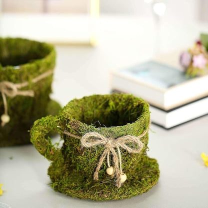 Efavormart Set of 2 | Preserved Moss Teacup Planter Box with Natural Braided Twine Bow - 5" & 4.5"