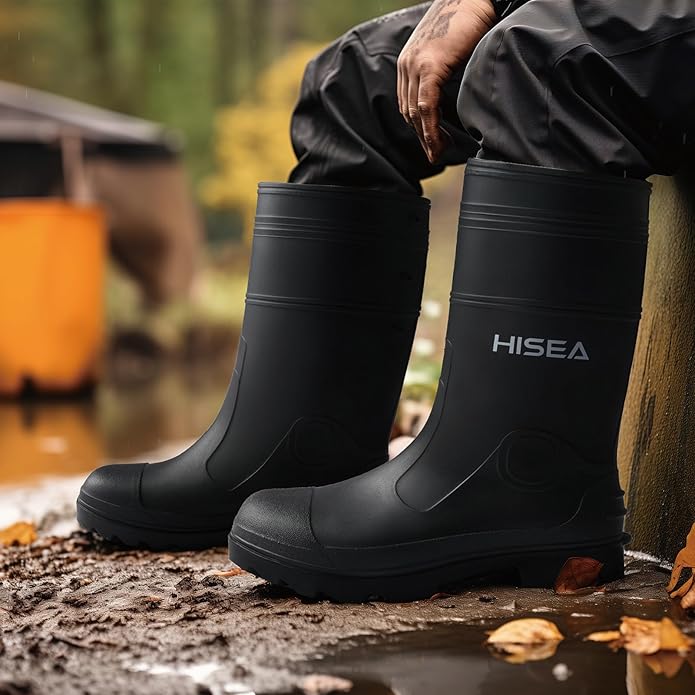 HISEA Men's Rain Boots PVC Rubber Boots with Steel Shank Waterproof Garden Fishing Outdoor Work Boots Durable Slip Resistant Mud Rainboots for Agriculture and Industrial Working
