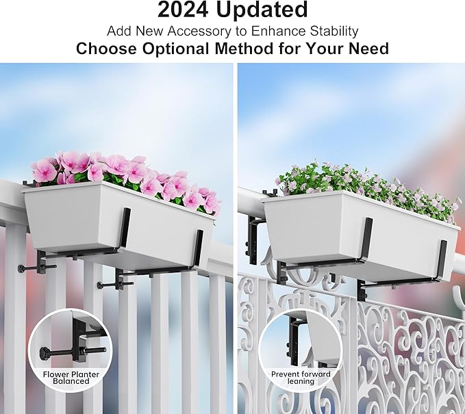 Y&M 4 Pcs Deck Railing Adjustable Planter Box Brackets (6 to 12.5 in), Universal Heavy Duty Iron Flower Box Brackets Wall Mounting Hooks for Fences, Patio, and Garden - Black (Patent Registered)