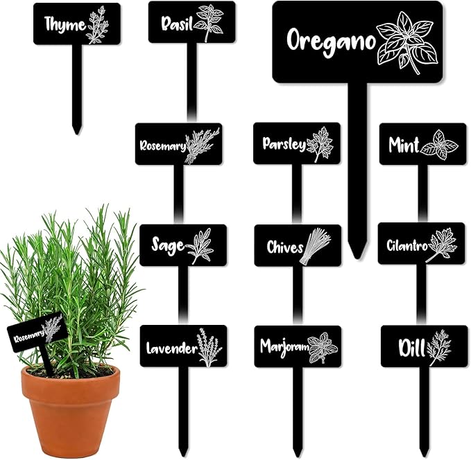 JarThenaAMCS 24Pcs Acrylic Plant Label Signs 12 Styles Garden Herb Markers Black Waterproof Reusable T-Type Tags Plant Stake Tags with Names for Nursery Indoor Outdoor Garden Decor