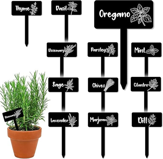 JarThenaAMCS 24Pcs Acrylic Plant Label Signs 12 Styles Garden Herb Markers Black Waterproof Reusable T-Type Tags Plant Stake Tags with Names for Nursery Indoor Outdoor Garden Decor