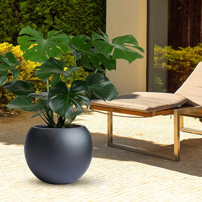 9.7" H x 12" D Globo Fiberstone Round Planter with Drainage Hole, Smooth Finishes, Weather Resistant for Indoor and Outdoor Use, Included 2 Extra Coco Mats (Black, 7.8" Pot Opening)