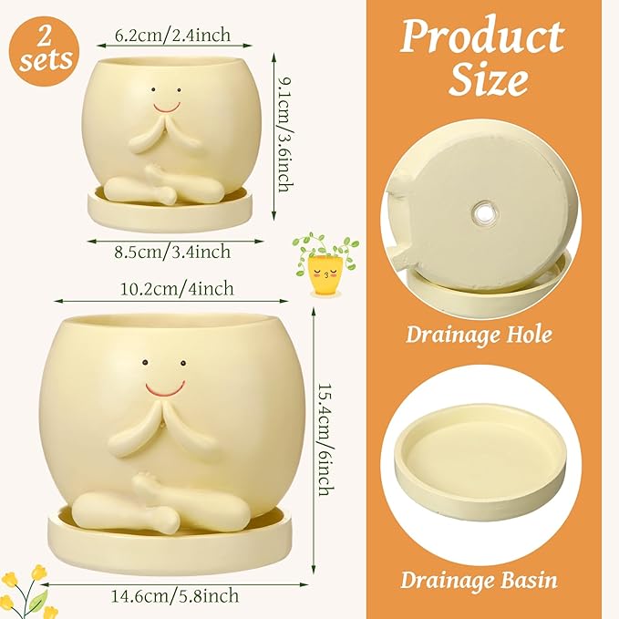 2 Pcs Smile Face Planters Pots with Drainage Hole, 6'' Head Planters 3.6'' Cute Resin Flower Pot for Indoor Plants, Succulent Pots for Plant Lover Gift(Yoga)