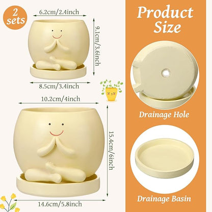 2 Pcs Smile Face Planters Pots with Drainage Hole, 6'' Head Planters 3.6'' Cute Resin Flower Pot for Indoor Plants, Succulent Pots for Plant Lover Gift(Yoga)