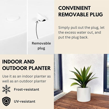 Fox & Fern Matte White Plant Pots with Drainage Plug (Set of 3) — Premium Lightweight Fiberstone 8, 10, and 12 Inch Planters for Indoor and Outdoor Use - Weather Resistant & UV Resistant