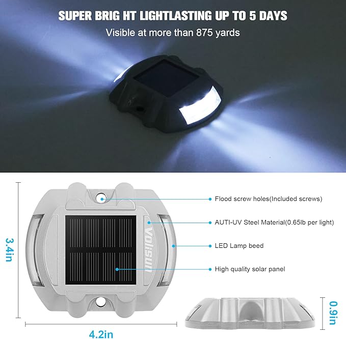 VOLISUN Solar Deck Lights Driveway Dock Lights, 16-Pack Led IP68 Waterproof Outdoor Warning Step Lights for Driveway Sidewalk Garden Pathway Yard(White, Auto On/Off