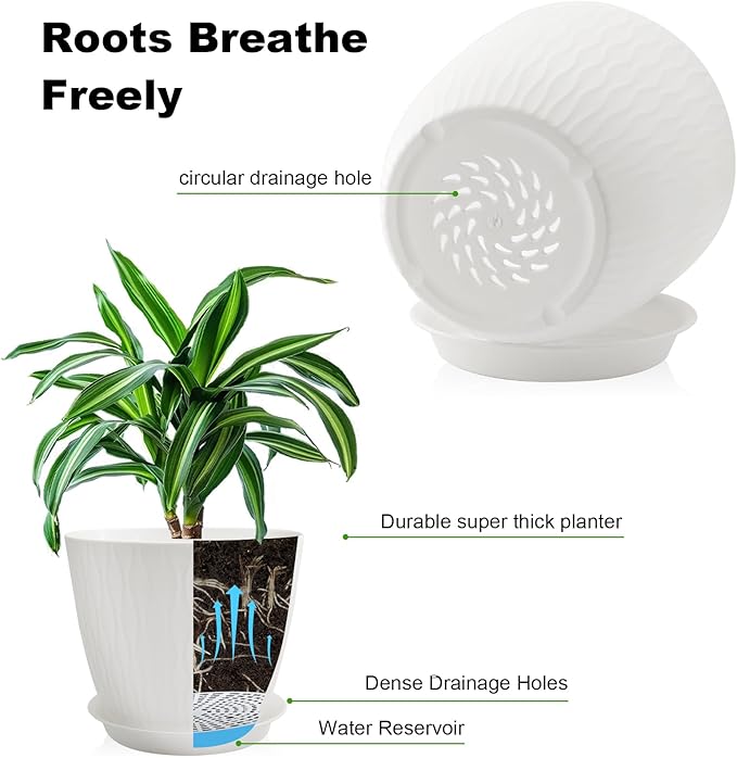 8/7/6 inch Plant Pots, 3 Pack Flower Pots for Outdoor Indoor Garden Plants, Large Planters with Multi Mesh Drainage Holes and Saucer (White, 8"+7"+6")