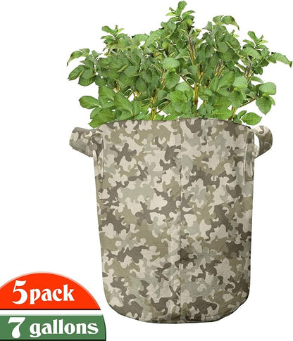 Ambesonne Camouflage Grow Bags 5-Pack, Faded Colors Classic, Heavyduty Fabric Pots with Handles for Plants, Khaki Green