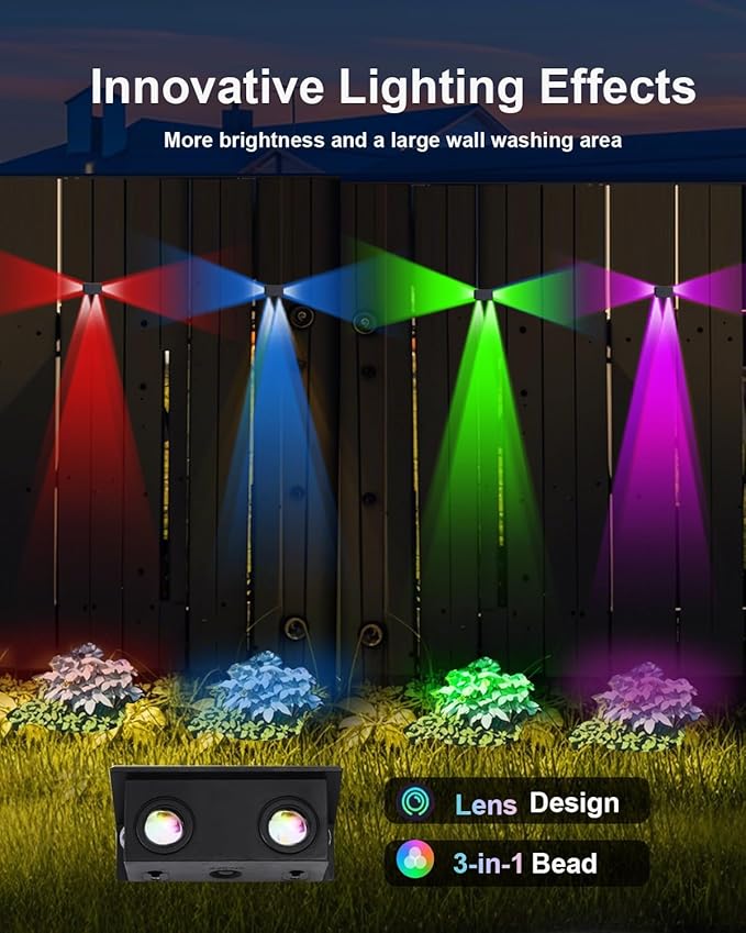 12Pack 3-Side Color Changing Solar Powered Fence Lights Outdoor Decorative LED Waterproof Yard Lamps for Outside Wall, Deck, House Patio, Rail, Stair, Yard, Pool, 7 Colorful Modes, Easy Installation
