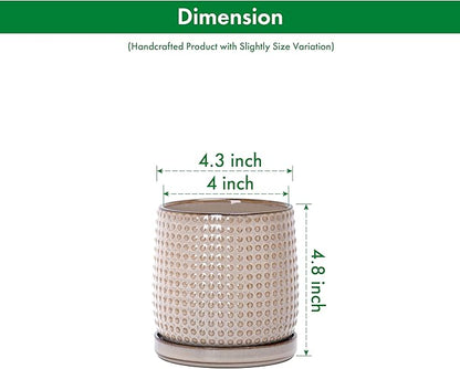 D'vine Dev 4 Inch Ceramic Beaded Stoneware Planter Pot - Flower Pot with Drainage Holes and Saucers for Indoor Succulent Plants or Flowers, Light Brown, 27-C-Z-4