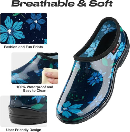 HISEA Waterproof Garden Shoe for Women Outdoor Slip-On Garden Clogs Rubber Rain Boots Short Ankle Booties Rain Shoes with Comfort Insole