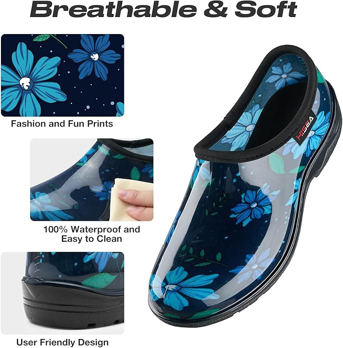 HISEA Waterproof Garden Shoe for Women Outdoor Slip-On Garden Clogs Rubber Rain Boots Short Ankle Booties Rain Shoes with Comfort Insole