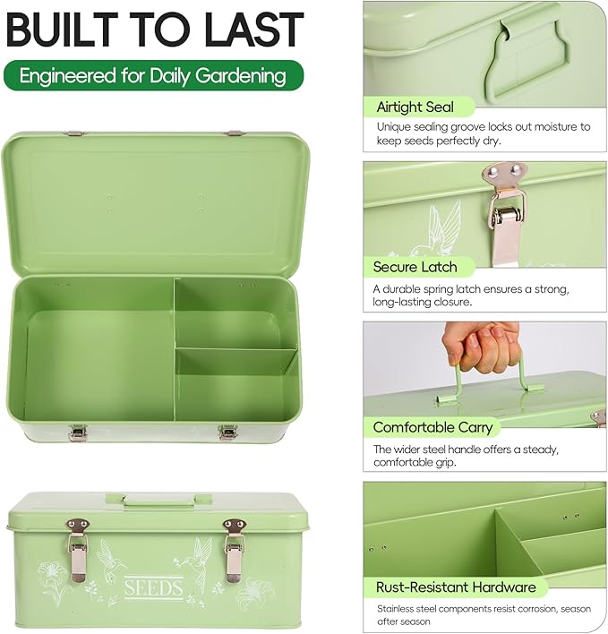 60 Slots Seed Organizer Storage Box with 3 Compartments,Large Metal Garden Seed Organizer with Lid&Safety Locks,Seed Saver Bin 50 Plant Labels 60 Seed Envelopes,Professional All-In-One Seed Saving Kit