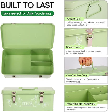 60 Slots Seed Organizer Storage Box with 3 Compartments,Large Metal Garden Seed Organizer with Lid&Safety Locks,Seed Saver Bin 50 Plant Labels 60 Seed Envelopes,Professional All-In-One Seed Saving Kit