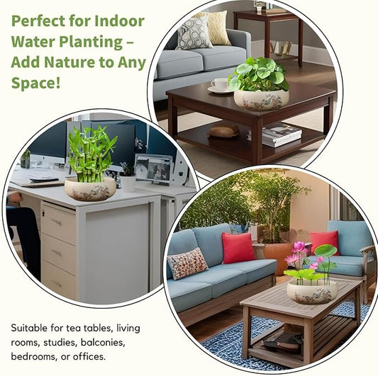 Lotus Bowl Planter, Ceramic Water Lily Bowl, Hydroponic Bonsai Lotus Bowls for Water Plants Indoor, Succulent Pots, Leak-Proof Design, Chirping Birds and Blooming Flowers (7.56in*2.76in)