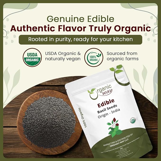 Organic Way Edible Basil Seeds | Organic & Kosher Certified | Sabja Seeds Rich in Fibers | Raw, Vegan, Non GMO & Gluten Free | USDA Certified | Origin - India (16 Ounce Pack)