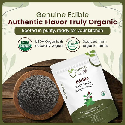 Organic Way Edible Basil Seeds | Organic & Kosher Certified | Sabja Seeds Rich in Fibers | Raw, Vegan, Non GMO & Gluten Free | USDA Certified | Origin - India (16 Ounce Pack)