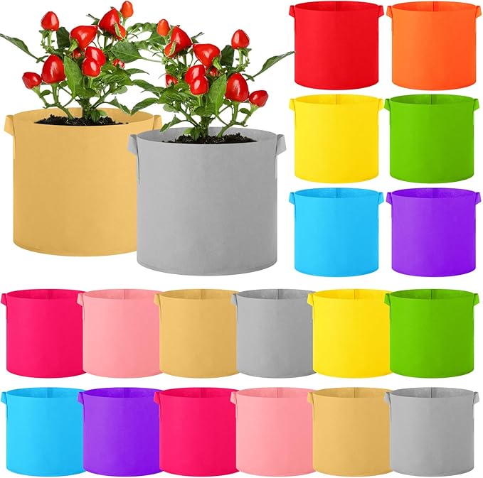 Colored Fabric Grow Bags Bulk Colorful Plant Grow Bags Nonwoven Fabric Pots with Handles Seeds Vegetables Tomato Planter Grow Buckets for Outdoor Garden Fruits Flower, 10 Colors(20 Pack,5 Gal)