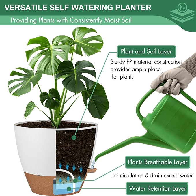 montresor 12/10/8 Inch Self Watering Pots for Indoor Plants Plastic Large Pot for Outdoor Plants, Water Level Window & Spacious Reservoir Flower Pots Decorative Planter with Drainage and Tray (White)