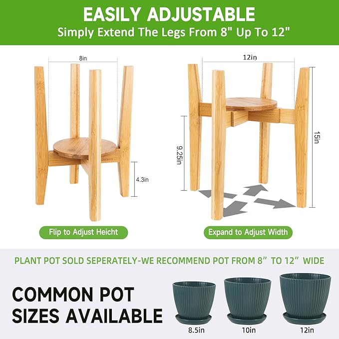 Adjustable Plant Stand with Tray,Indoor Wood Plant Stand Fit 8'' to 12'' Planter,Mid Century Modern Flower Pot Holder Rack(Plant and Pot Not Included)