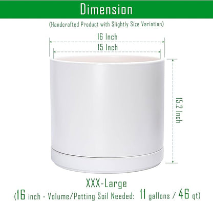 D'vine Dev 16 Inch Ceramic Planter Pot with Drainage Hole and Saucer, Indoor Cylinder Round Planter Pot, White, 94-O-H-1