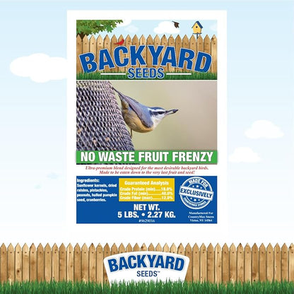 Backyard Seeds Fruit Frenzy No-Waste Bird Seed Mix 20lbs - Premium Blend with Pumpkin Seeds, Cranberries & Pistachios, Small Bag of Wild Bird Food