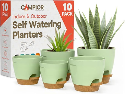 Green Self Watering Pots 10 Pack, Indoor and Outdoor Plant Pots with Wick Rope & Drainage Holes, Easy Watering Lip, Lightweight Plastic Self Watering Planter for Succulents, Houseplants, and Herbs