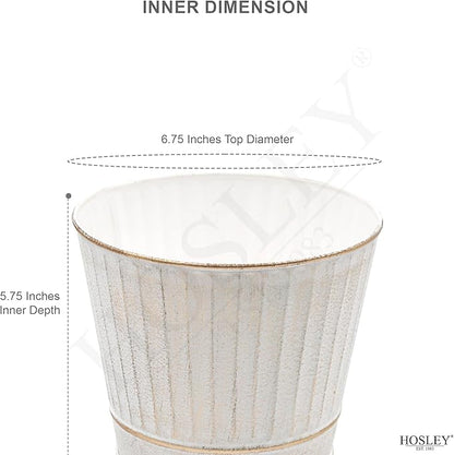 Hosley Metal Planters 7" Dia x 6" H Ideal Farmhouse Decor for Floral Arrangements Weddings, Gift Special Events Parties Outdoor Planters White wash