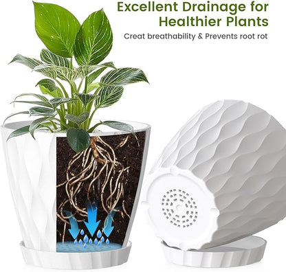 8 Inch Plant Pots, 2 Pack Plastic Planters for Indoor Outdoor with Drainage Holes & Saucers, Waffle Texture Flower Pots for Indoor Plants, Indoor Plant Pots for Monstera, Fiddle Leaf Fig, White