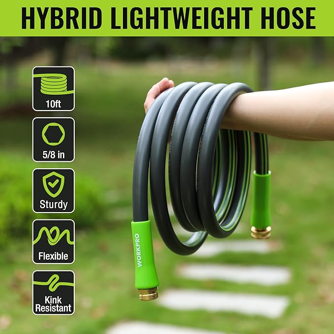 WORKPRO Garden Hose 5/8 IN x 10 FT, Heavy Duty, Flexible, Lightweight Water Hose with 360° Rotation Handle, 3/4" GHT Solid Brass Fittings, for Outdoor, Lawn, Garden & Yard, Car Wash