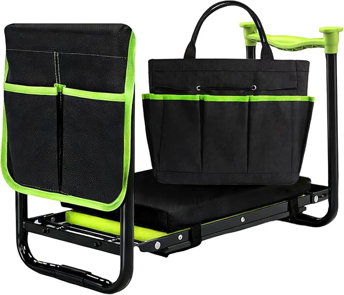 Garden Kneeler and Seat, Heavy Duty Gardening Stool with 1.8" Thick Detachable Kneeling Pad, Foldable Bench Chair with Tool Pouch and Bag for Knee & Back Pain Relief for Women, Men, Seniors (Green)