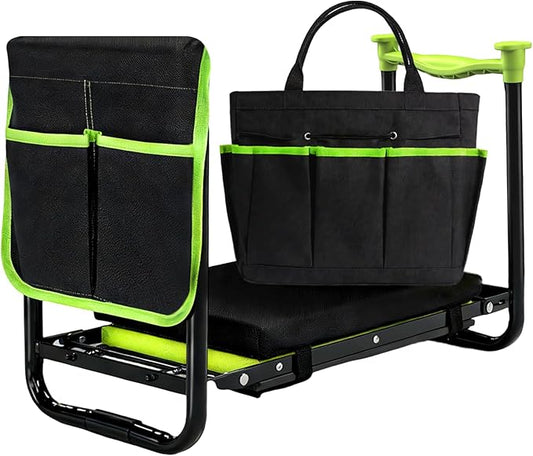 Garden Kneeler and Seat, Heavy Duty Gardening Stool with 1.8" Thick Detachable Kneeling Pad, Foldable Bench Chair with Tool Pouch and Bag for Knee & Back Pain Relief for Women, Men, Seniors (Green)
