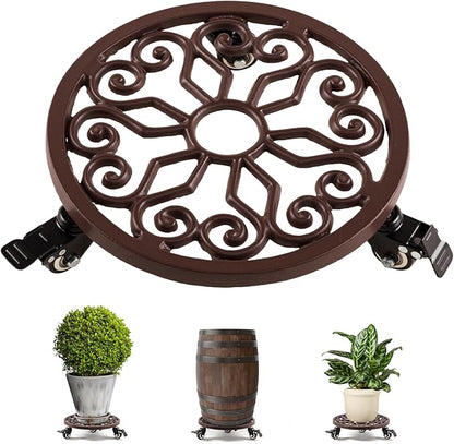 Idzo Heavy Duty Trolley Capacity 350 lbs Planter Caddies with Wheels Heavy Duty Cast Iron Plant Stand with Lockable Wheels Plant Stand 12 Inch Simple Style Dark Brown