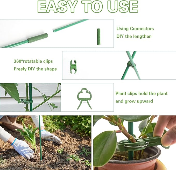 Garden Stakes 65pcs Kit, Includes 17" Fiberglass Sticks 20pcs and 45pcs Accessories for DIY 4ft, 5ft, 6ft, 7ft Stakes for Fruit, Tomato, Vegetable, Indoor & Outdoor Gardening Supplies