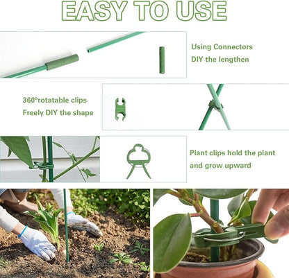 Garden Stakes 65pcs Kit, Includes 17" Fiberglass Sticks 20pcs and 45pcs Accessories for DIY 4ft, 5ft, 6ft, 7ft Stakes for Fruit, Tomato, Vegetable, Indoor & Outdoor Gardening Supplies