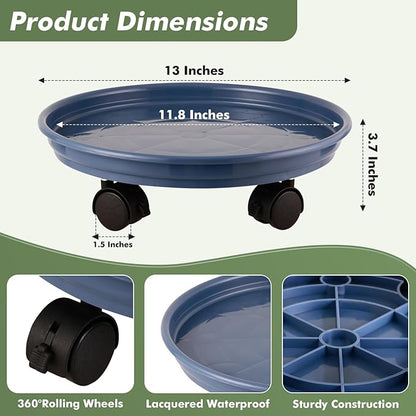 8 Packs Plastic Plant Caddy with Wheels 12" Plastic Rolling Plant Stands Heavy-Duty Plant Dolly with Casters Indoor and Outdoor Plant Roller Base Wheels, Blue