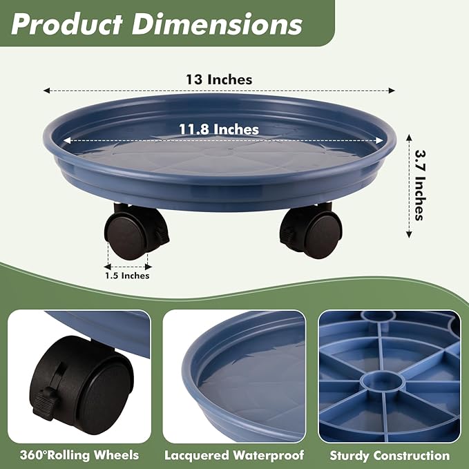 6 Packs Plastic Plant Caddy with Wheels 12" Plastic Rolling Plant Stands Heavy-duty Plant Dolly with Casters Indoor and Outdoor Plant Roller Base Wheels, Blue