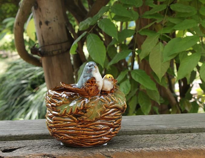 Handmade Ceramic Bird Nest Succulent Planter/Plant Pot Flower Pot Bonsai Home Garden Décor Birds Figurine 5" H