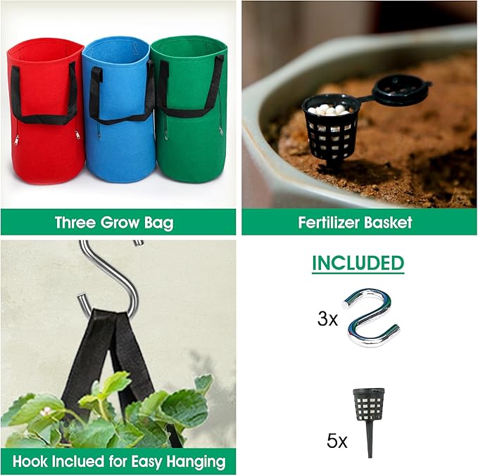 3 Piece Upside Down Tomato & Strawberry Planter Set - Hanging Grow Bags with 4 Side Zippers & 1 Bottom Zipper - Tomato Kit & Strawberry Kit for Easy Vertical Gardening
