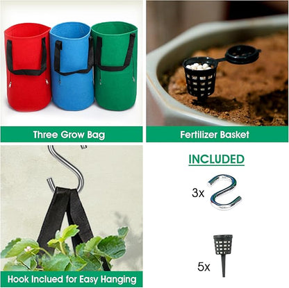 3 Piece Upside Down Tomato & Strawberry Planter Set - Hanging Grow Bags with 4 Side Zippers & 1 Bottom Zipper - Tomato Kit & Strawberry Kit for Easy Vertical Gardening