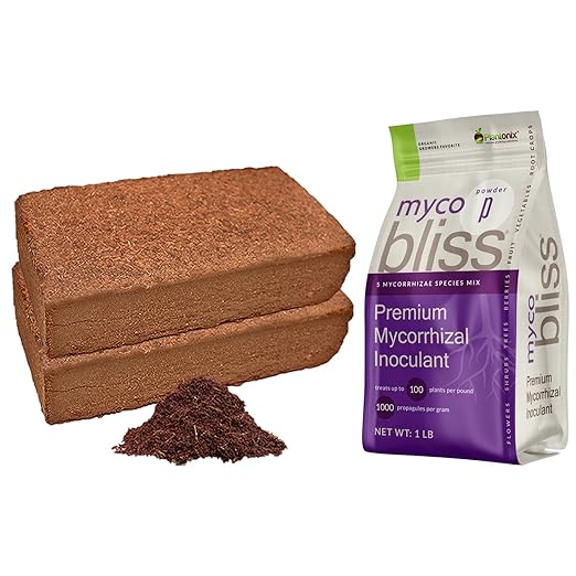 Coco Coir 650gm Bricks (2-Pack) + Myco Bliss Powder (1lb) - Organic Coco Coir Bricks & Mycorrhizae for Plants - Mycorrhizal Fungi Inoculant - Coconut Coir for Plants - Garden Soil & Potting Soil Mix