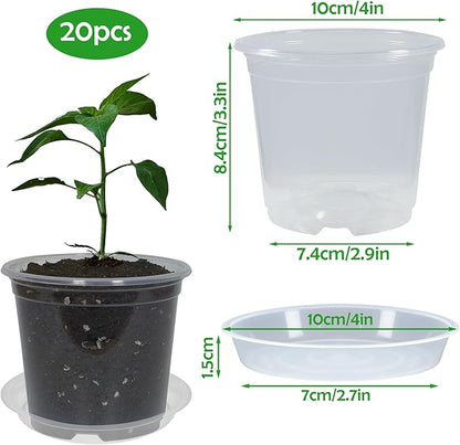 20 Pack 4 Inch Clear Nursery Pots with Drainage and 20 Pack Plant Saucers, Plant Pots for Plants Transparent Potting Containers for Plants Seeding Starter Pot (Clear, 4 Inch)